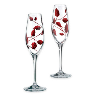 Pair of Handmade Champagne Glasses – Ruby Red Leaf Design