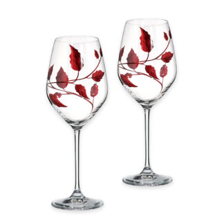 Pair of Handmade Wine Glasses - Ruby Red Leaf Design